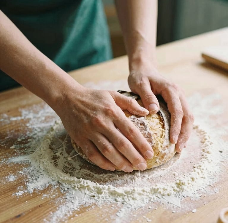 A close-up of hands kneading sourdough on a flour-dusted wooden table, soft natural side light, warm editorial style, 35mm film look.