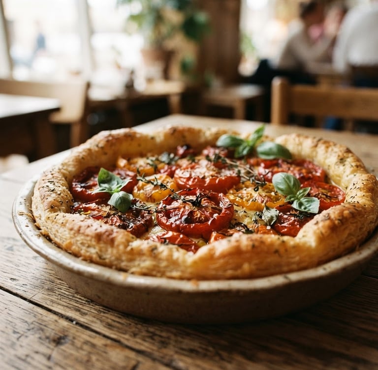 Candid close-up of a rustic wooden table in a Scandinavian-style restaurant, soft natural daylight illuminating a freshly baked heirloom tomato tart with rich crimson tones and flaky crust, shallow depth of field, 35mm film look.