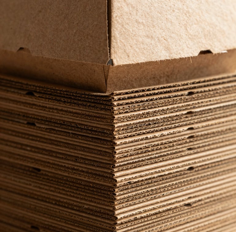 Macro detail shot of a stack of thick kraft paper takeaway boxes, natural side-lighting emphasizing the fibrous texture, warm canvas tones, 35mm