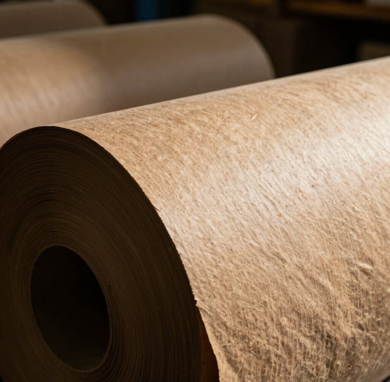 Close-up of industrial rolls of raw brown kraft paper in a warehouse, high-contrast side-lighting, deep shadows, tactile industrial photography