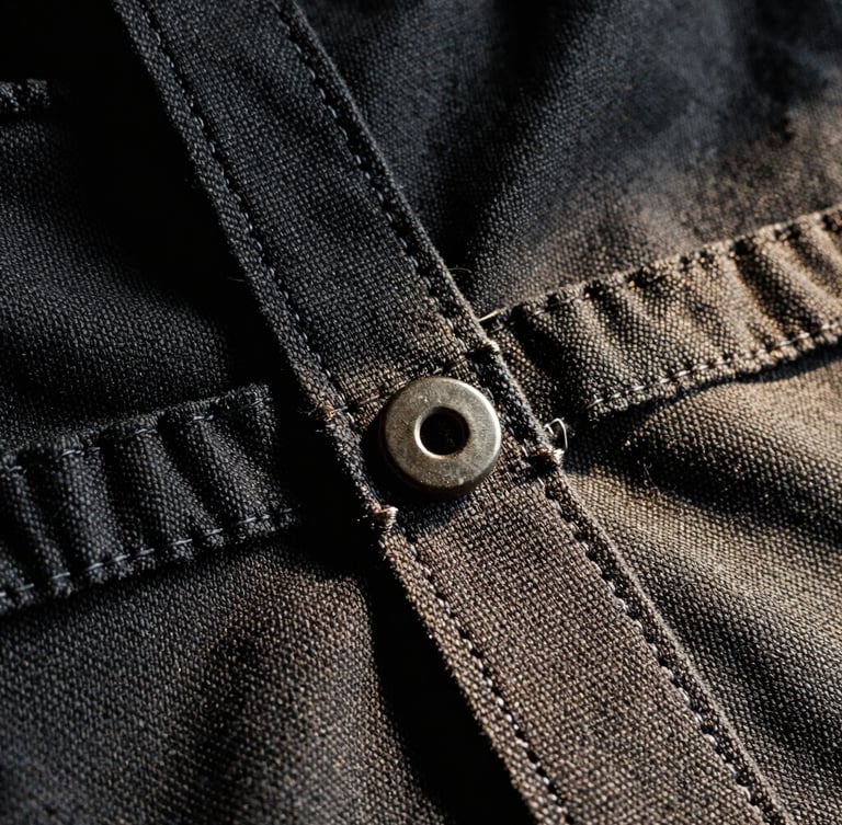 Macro detail shot of heavy-duty double-stitching on a dark canvas utility apron, high-contrast side-lighting casting deep shadows, rich charcoal and warm canvas tones, sharp detail, 35mm