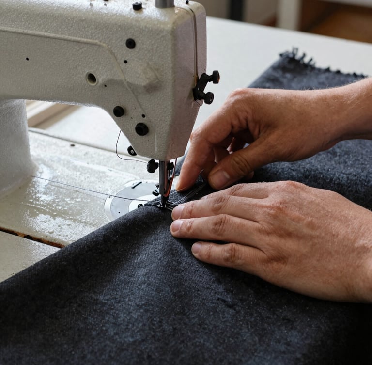 Medium environmental workshop shot of hands operating an industrial sewing machine, stitching thick dark canvas fabric with heavy-duty thread, natural side-lighting, tactile setting, 35mm