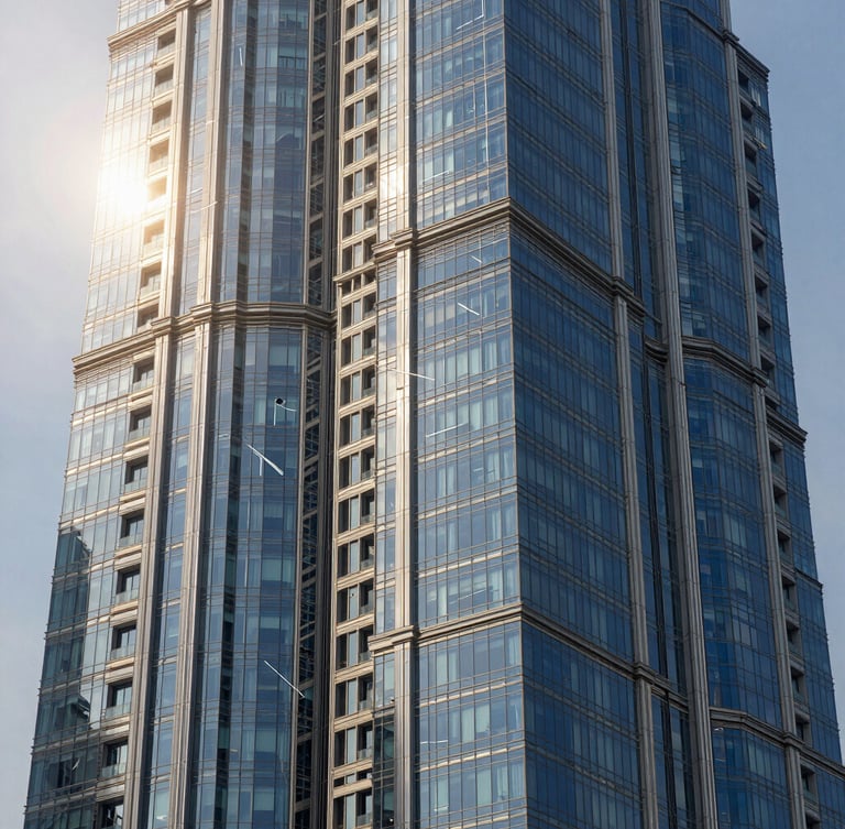High-angle sharp architectural photograph of a modern glass skyscraper in Dubai, bright morning sun reflecting off the facade, clean lines, technical blueprint overlay faintly visible, architectural precision, regal navy tones