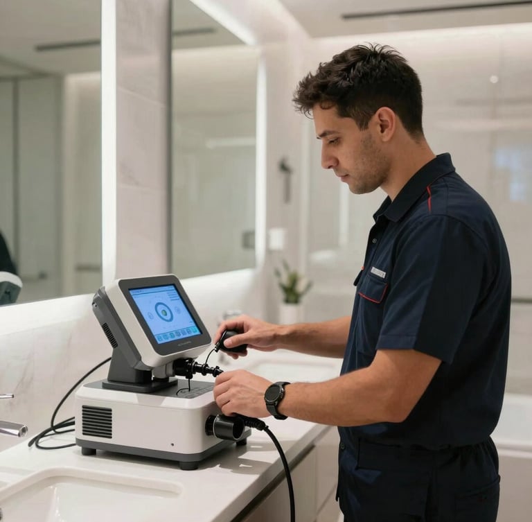 An immaculate, uniformed technician operating advanced digital leak detection equipment inside a brightly lit, modern Dubai villa bathroom.