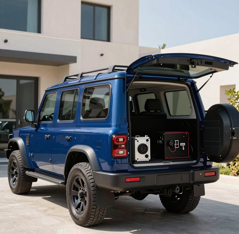 An immaculate royal navy blue service vehicle parked outside a modern Dubai villa under bright sunlight, technical tools visible in the organized rear cabin.