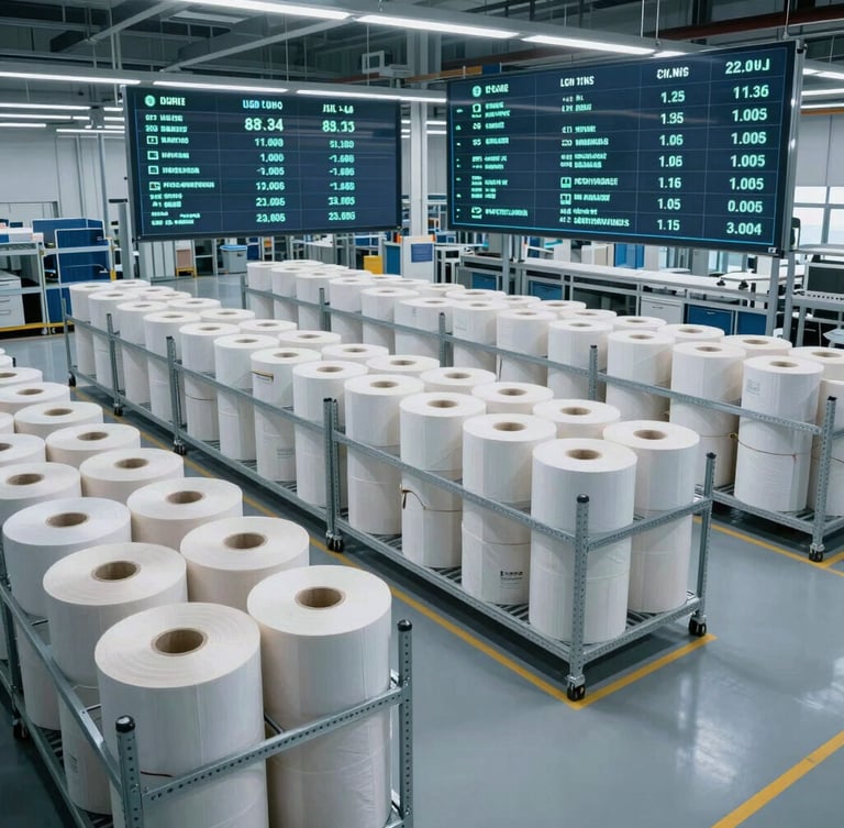 A wide-angle view of an automated logistics facility, clean modern storage racks with paper rolls, cool crisp daylight, technical data overlay
