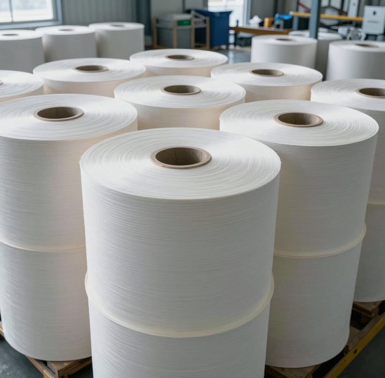High-angle macro view of massive industrial paper reels stacked in a clean, modern, automated warehouse with cool daylight, crisp details.