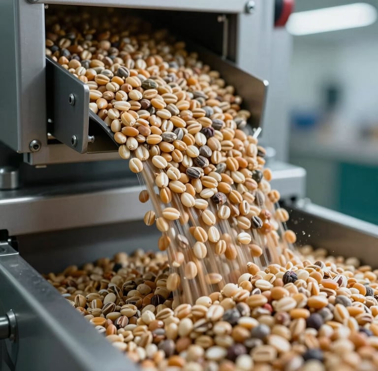 Macro close-up of high-quality raw grain commodities flowing through a modern automated sorting facility, cool crisp lighting.
