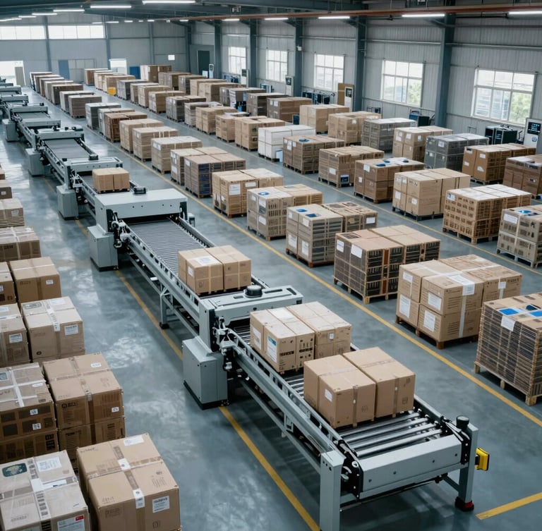 Wide-angle industrial logistics facility with automated sorting systems and cool, crisp daylight illuminating organized rows of cargo.