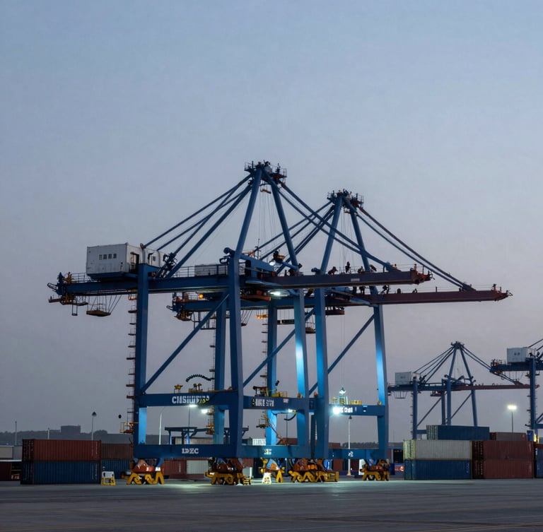 Wide-angle view of automated container terminal at dusk, cool blue and cyan lighting, clean crane silhouettes against a slate gray sky.