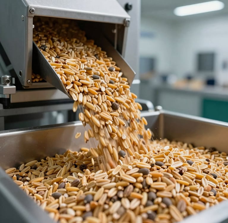 Macro close-up of raw agricultural bulk grains flowing through a modern, clean automated sorting facility, cool crisp clinical lighting, high technical precision.