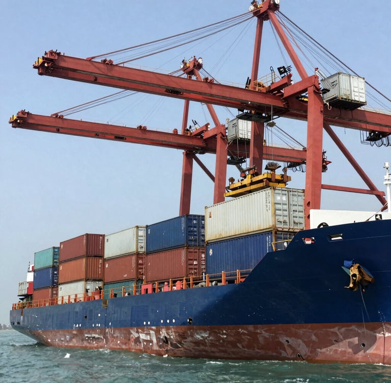Wide-angle architectural shot of the Port Autonome de Dakar, towering modern blue shipping cranes under crisp overcast maritime light, clean geometric lines of stacked containers, negative space on the left.