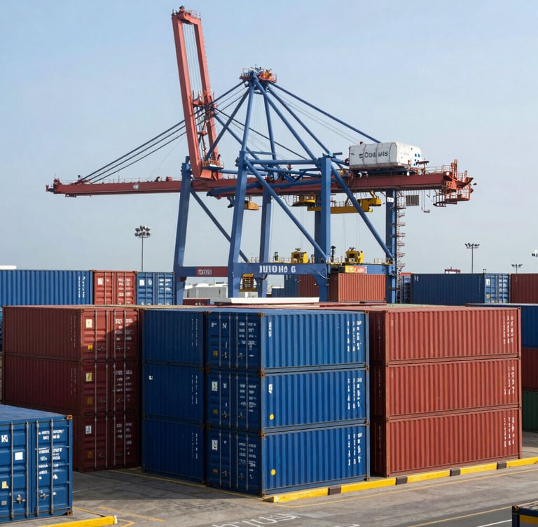 Wide-angle crisp daylight shot of the Port of Dakar container terminal, stacked blue and red shipping containers, giant gantry crane in the background, sharp maritime light.