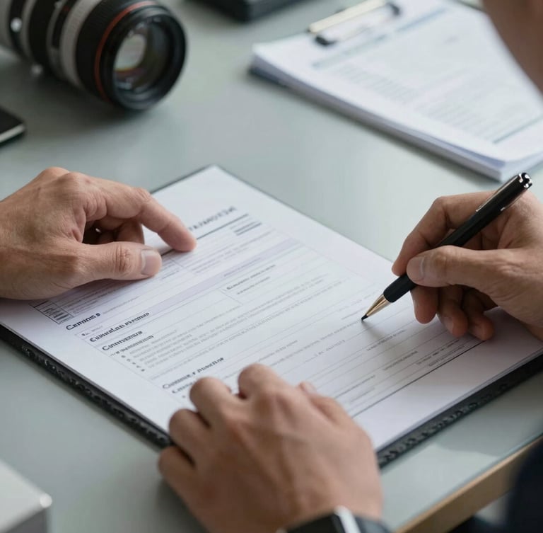 Close-up macro shot of professional hands reviewing official shipping documents and customs manifests on a slate table, cool overcast light