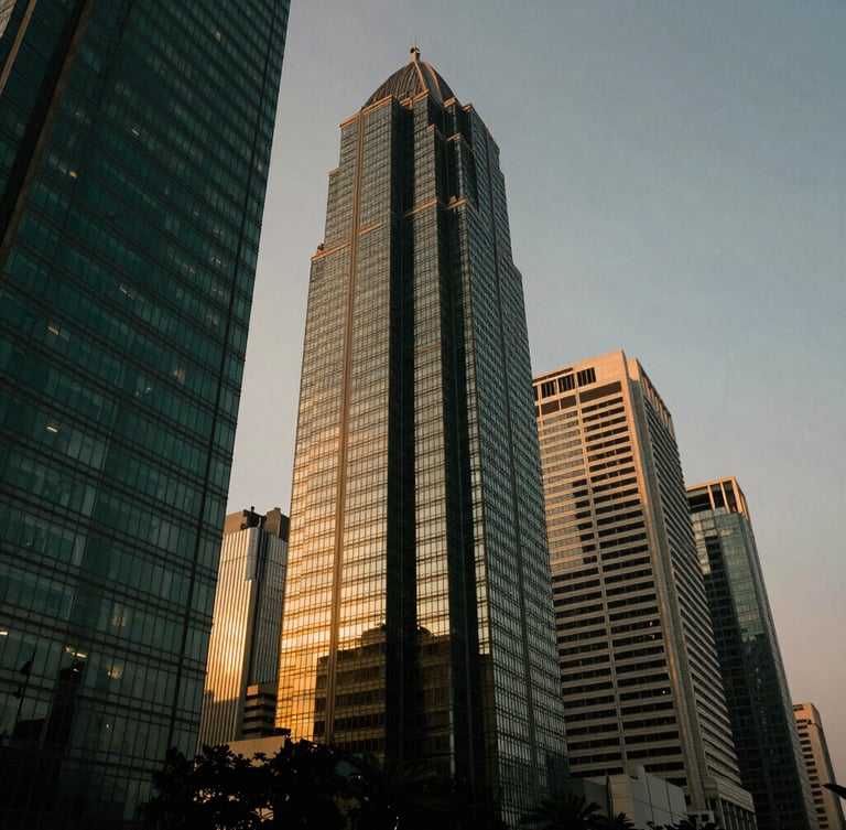 Dramatic low-key architectural wide angle of Jakarta's Sudirman central business district at golden hour, warm window light reflecting off glass towers, generous negative space.