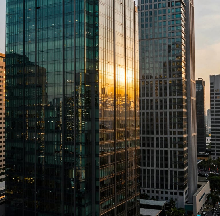 High-altitude architectural view of Jakarta's Sudirman central business district at golden hour, warm window light reflecting off modern glass towers, 35mm lens.