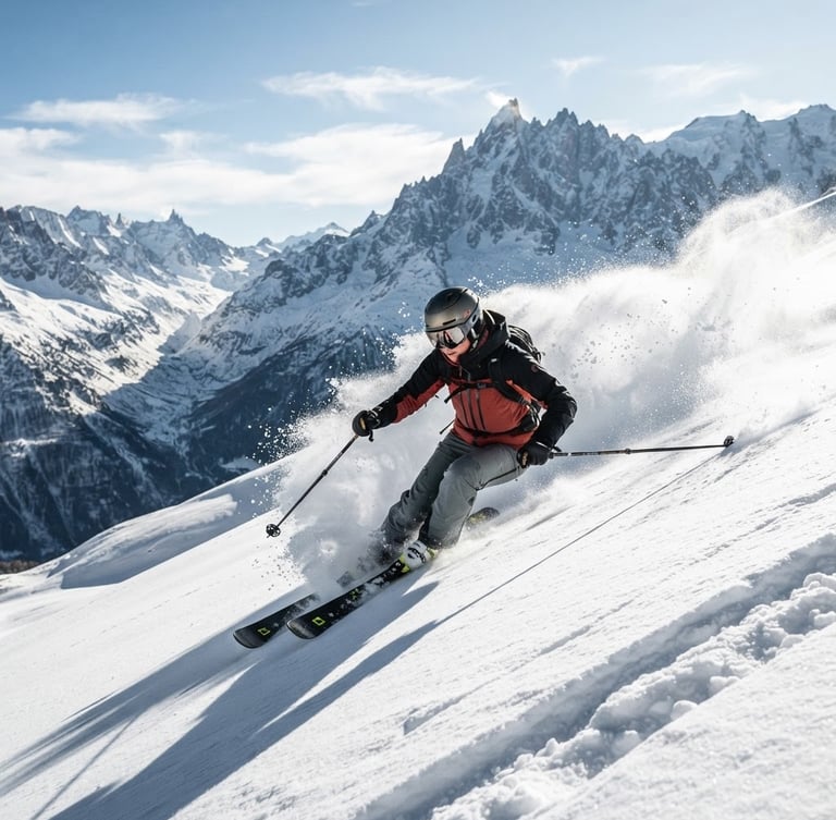 Dynamic action shot of a professional skier carving hard on fresh powder, high-contrast alpine sunlight, crisp mountain shadows, spraying snow, sharp details, 50mm lens