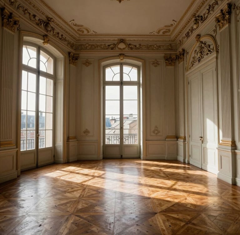 Perspective lumineuse d'un salon parisien classique, parquet point de Hongrie ciré, moulures anciennes au plafond, lumière douce de fin d'après-midi filtrant par une grande fenêtre ouverte.