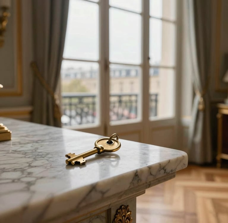 Soft natural daylight filtering through tall Parisian windows onto a brass key ring resting on a marble mantelpiece, warm herringbone parquet floor in the soft-focus background.