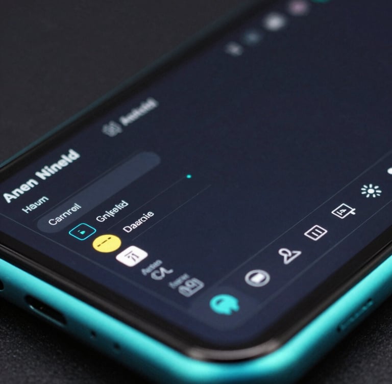 Macro close-up of a high-resolution Android game UI wireframe on a test device, neon cyan edge highlights, dark studio setting, sharp focus