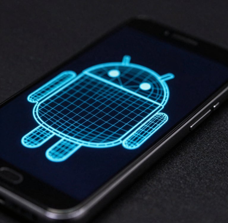 Macro close-up of a modern Android smartphone screen displaying a high-contrast cyan wireframe interface, low-key dark studio lighting, 35mm lens