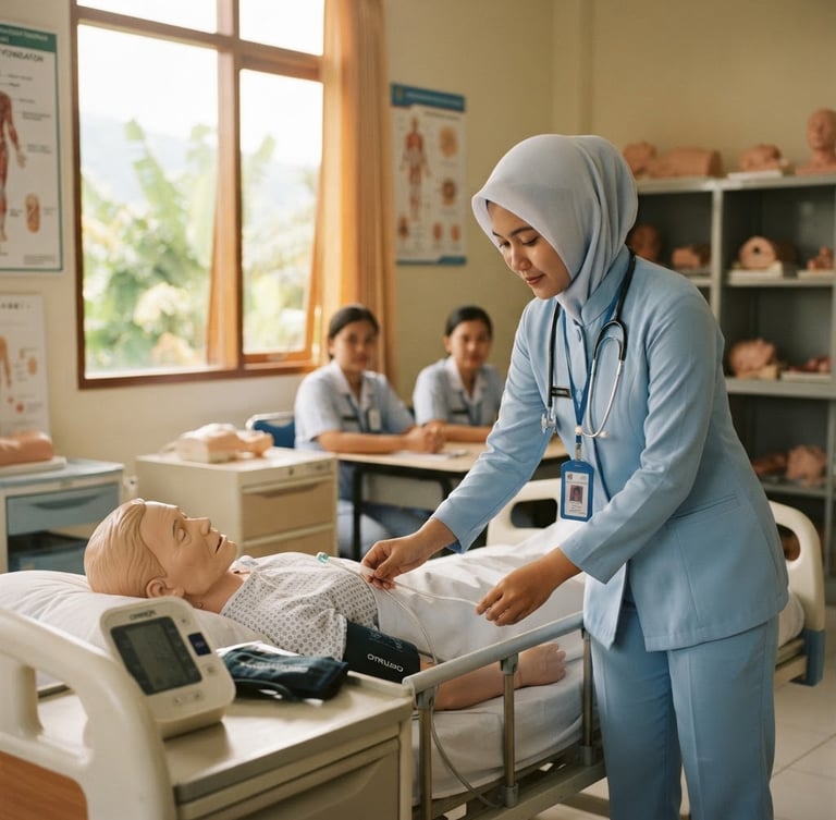 Siswa keperawatan Indonesia dengan seragam klinis rapi sedang melakukan simulasi perawatan lansia menggunakan peralatan medis standar rumah sakit Jepang di ruang kelas modern Tondano, cahaya alami jendela pagi, medium shot, 35mm