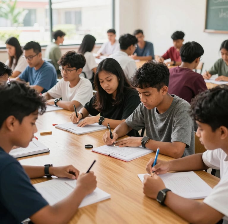 Wide shot of diverse Indonesian students of various ages collaborating in a bright, modern classroom, engaged in a hands-on language learning activity, natural daylight, warm editorial photography, focus on cooperation and active learning.