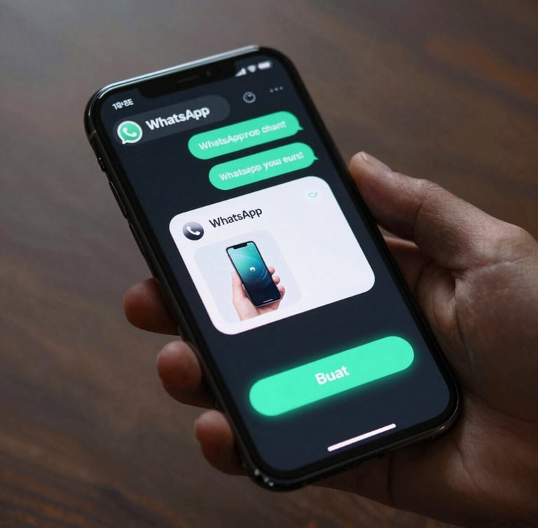 High-fidelity mobile screen mockup displaying a WhatsApp sales chat. An AI assistant recommends a product with a clean product card and buy button. Dark UI theme, glowing cyan accents, sharp focus.