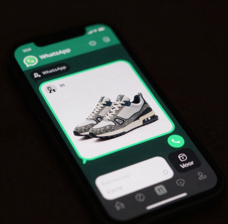 Extreme close-up macro crop of a smartphone screen displaying a WhatsApp chat interface with a rich product card of luxury sneakers, high-contrast dark-mode UI, sharp electric emerald highlight lines, low-key lighting.