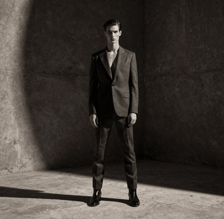 Cinematic wide shot of a high-fashion editorial model on a dramatic concrete set in Dubai, high-contrast studio lighting, deep shadows, anamorphic lens, 35mm monochrome