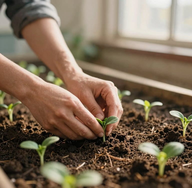 Hands carefully tending to green sprouts in a community garden, soft golden hour sunlight, warm soil, shallow depth of field, 35mm film feel.