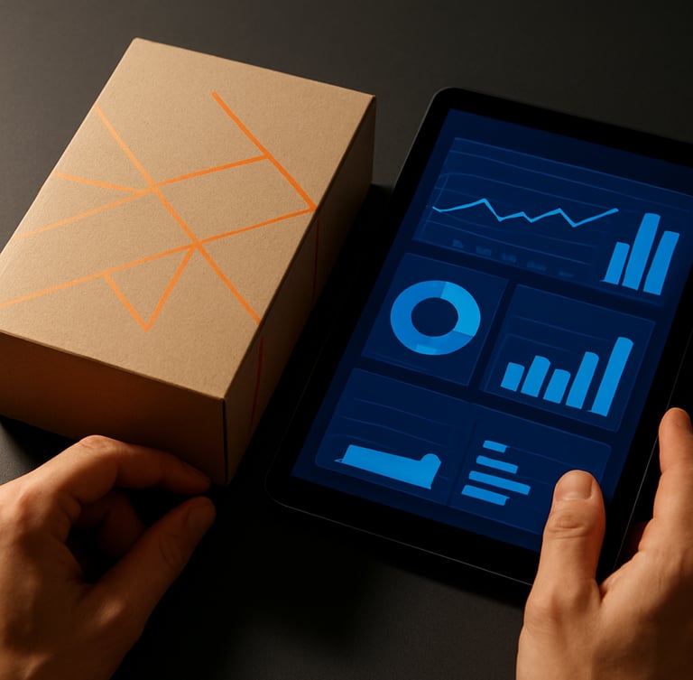 Cinematic 21:9 framing. Crisp studio lighting with sharp shadows. A high-end textured cardboard packaging box with orange geometric lines sits directly next to an iPad showing an electric blue analytics dashboard. Real hands are adjusting the packaging.