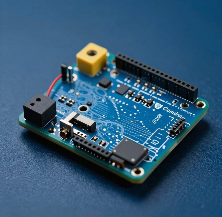 Macro studio shot of an Arduino micro-controller with yellow and green wiring, low-key blue background lighting, highlighting precise electronic connections.