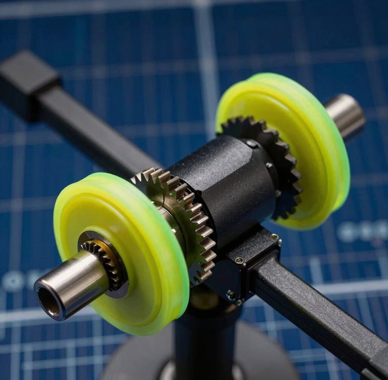 Macro close-up of dual-axis LDR sensors and servo gears on the solar tracker frame. Sharp neon-yellow and green rim lights highlighting the hardware edges, deep space-blue background, technical blueprint aesthetic.