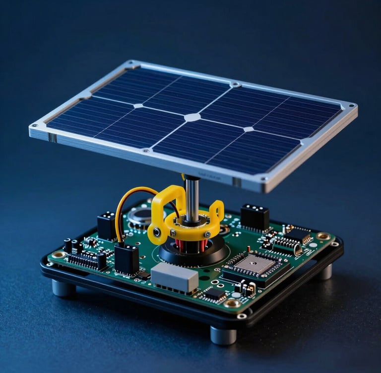 Macro studio photograph of the Lakshya solar tracker prototype highlighting the yellow custom wiring and micro-controller boards under moody blue light, portrait aspect