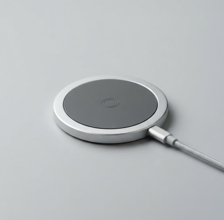 Sleek minimalist aluminum wireless charger on a seamless light gray backdrop, crisp studio light, sharp focus, 85mm lens