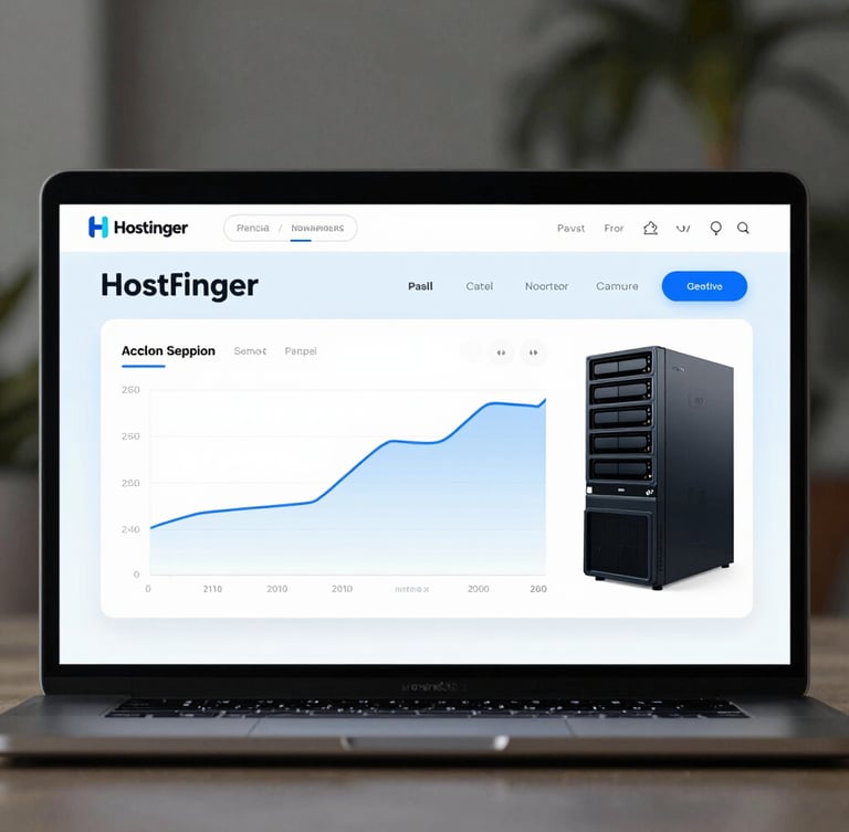 Flat-lay UI mockup of the Hostinger hPanel dashboard, clean light-blue interface, server performance graph visible, crisp vector lines, cool-toned daylight
