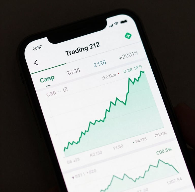 Crisp high-contrast UI screenshot of the Trading 212 mobile portfolio dashboard displaying clean green growth charts on a light interface