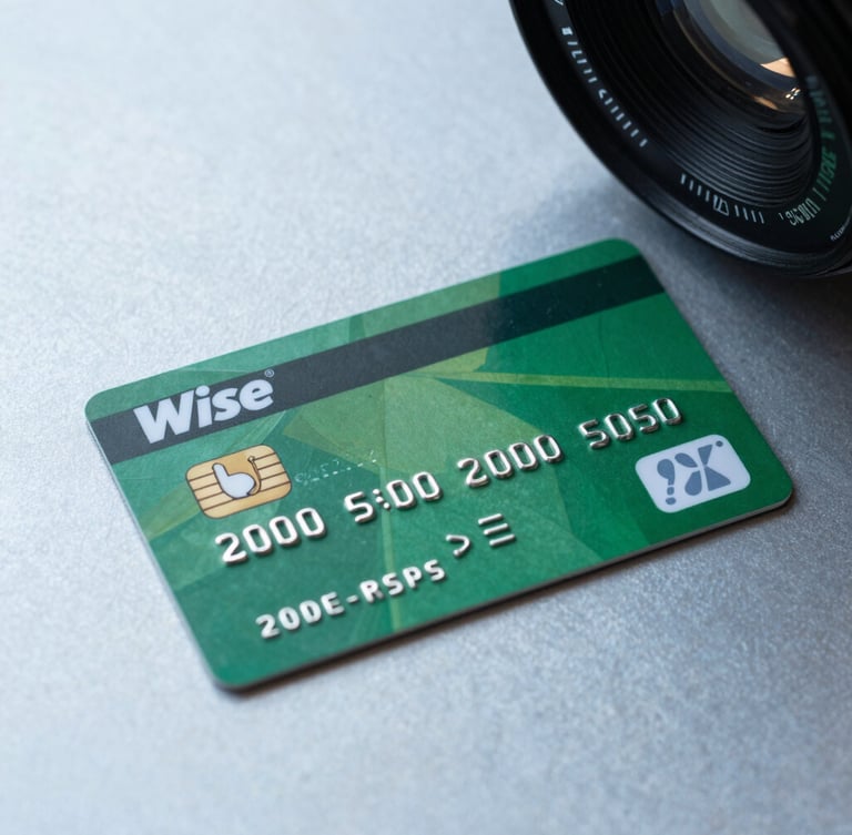 Close-up studio shot of a green Wise multi-currency debit card resting on a clean, light blue metallic surface, sharp focus, cool professional lighting, high-contrast mockup style.