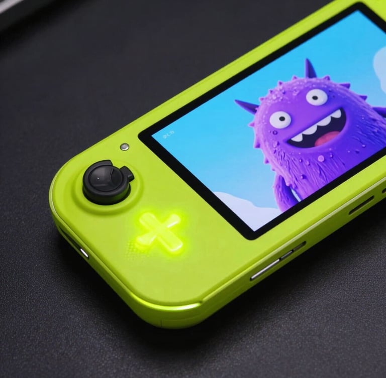 Angled dynamic close-up of a vibrant Android handheld console mockup with neon cyber-lime glowing buttons, displaying a quirky purple monster on screen, dark high-contrast background with drop shadows