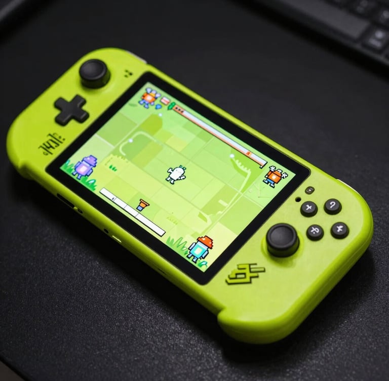 Angled dynamic close-up of a neon-lit Android handheld console mockup with a vibrant cyber-lime game screen displaying pixel art characters, high contrast shadows.