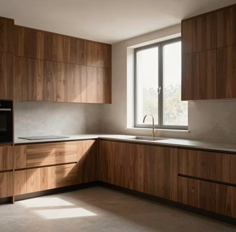 Wide architectural shot of a minimalist kitchen with walnut wood cabinets, soft natural window light, clean lines, high-end interior, 35mm