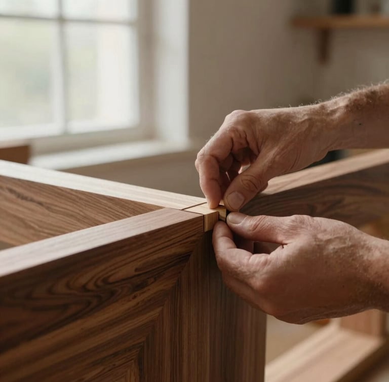 Close-up of a master carpenter's hands aligning a perfect mortise and tenon joint on a walnut timber frame, soft natural workshop window light, rich wood textures, 35mm