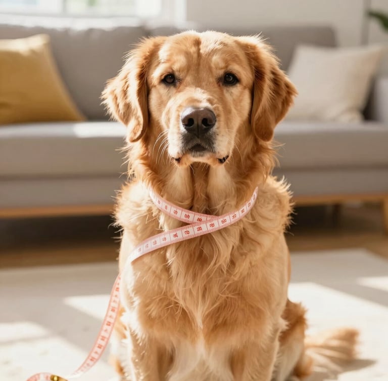 Vibrant pet photography, a calm golden retriever sitting in a sunlit living room while a soft sewing tape measure gently circles its chest, warm daylight, shallow depth of field