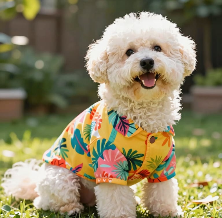 A cheerful fluffy dog wearing a vibrant, colorful tropical print pet shirt, sitting happily in a sunlit garden, warm natural daylight, 50mm lens