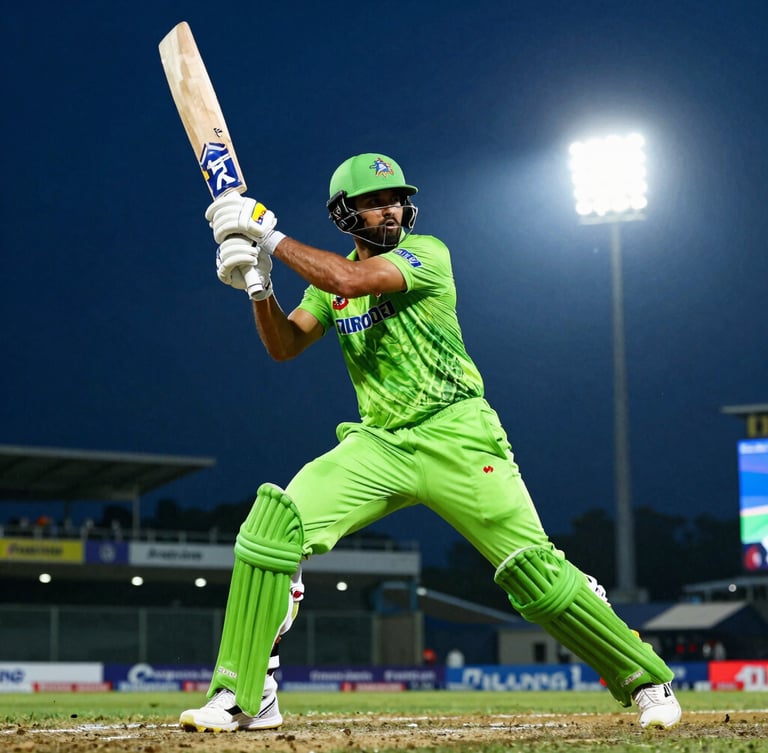 Dynamic low-angle action shot of an IPL batsman mid-stroke under intense stadium floodlights, deep midnight blue and neon green tones, 35mm lens