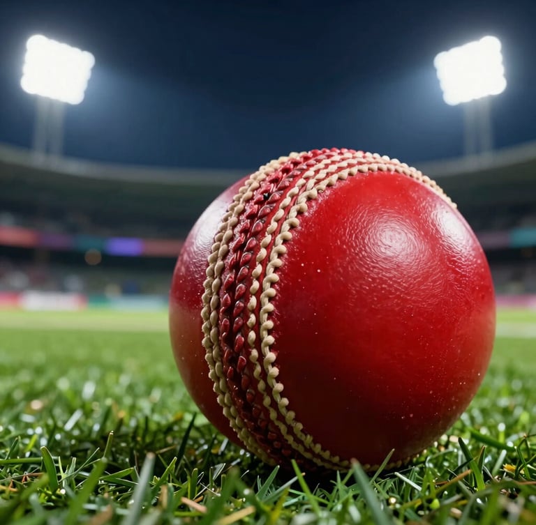 Close-up macro crop of a red leather cricket ball resting on green stadium turf under floodlights, sharp details of the seam, 35mm lens