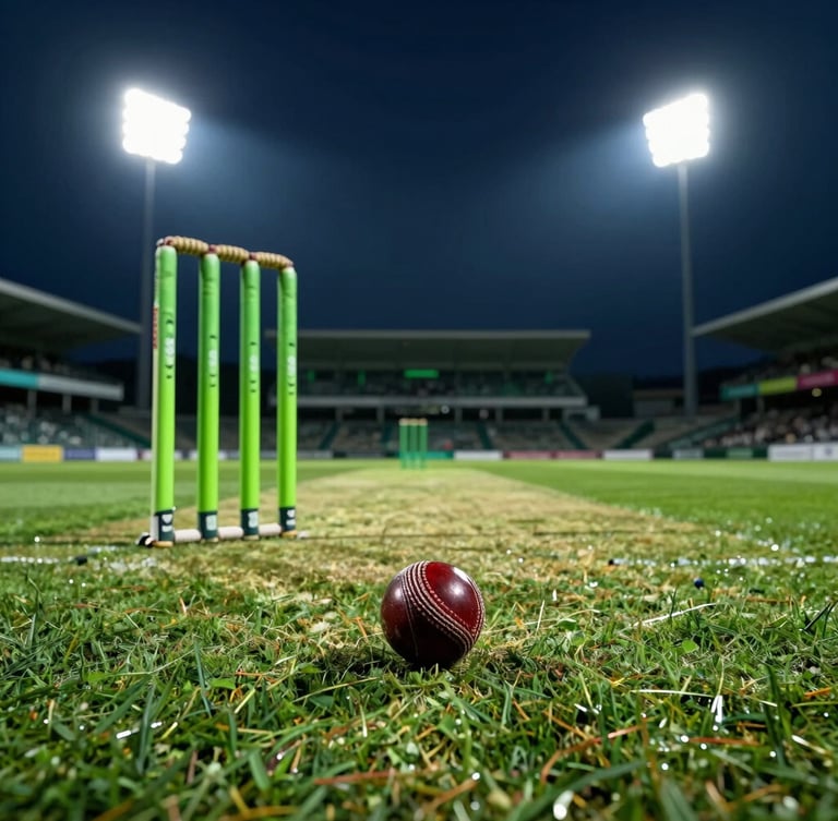 Low-angle dramatic sports photography of a leather cricket ball hitting a turf pitch under intense stadium floodlights, deep midnight blue and neon green tones, sharp action shot, 35mm lens