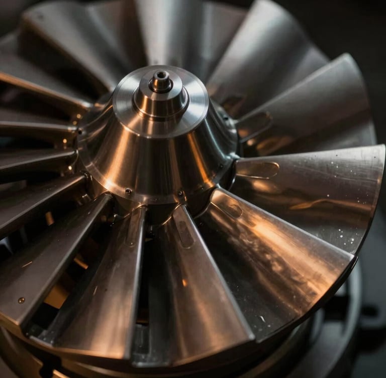 Macro detail of a titanium aerospace turbine blade, dramatic low-key lighting, warm amber highlight on the polished edge, deep shadows.
