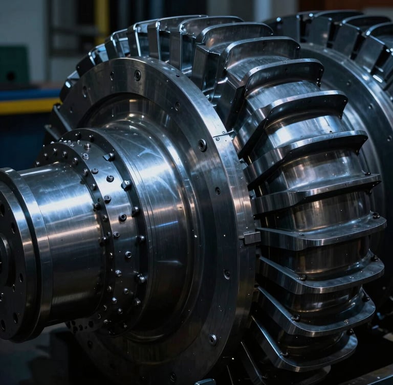 Low-key high-contrast macro detail of heavy industrial steel turbines in deep shadow, cold steel-blue highlights, dramatic chiaroscuro.